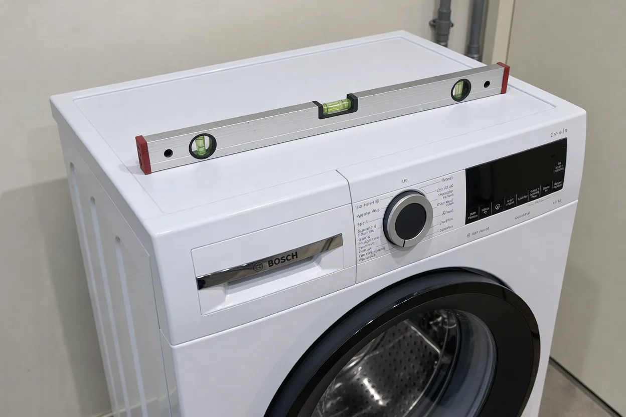 Aluminium waterpas op de intacte bovenkant van een wasmachine