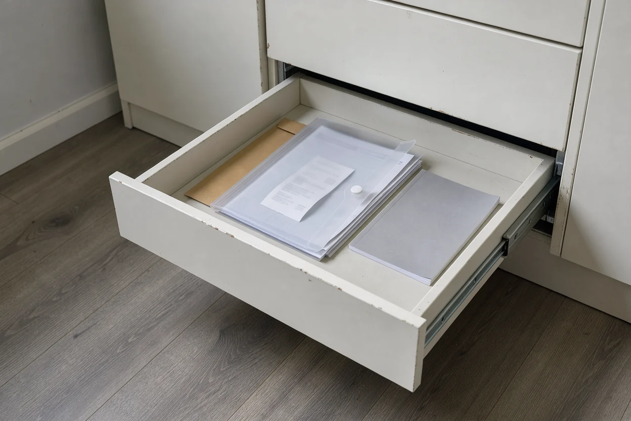 Documentenmap, envelop en boekje liggen samen in een open huishoudlade.