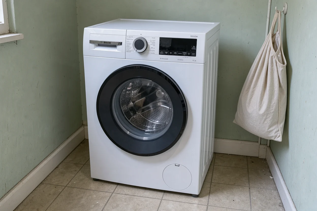 Bosch-wasmachine vrijstaand in een eenvoudige wasruimte met een stoffen waszak aan de muur.