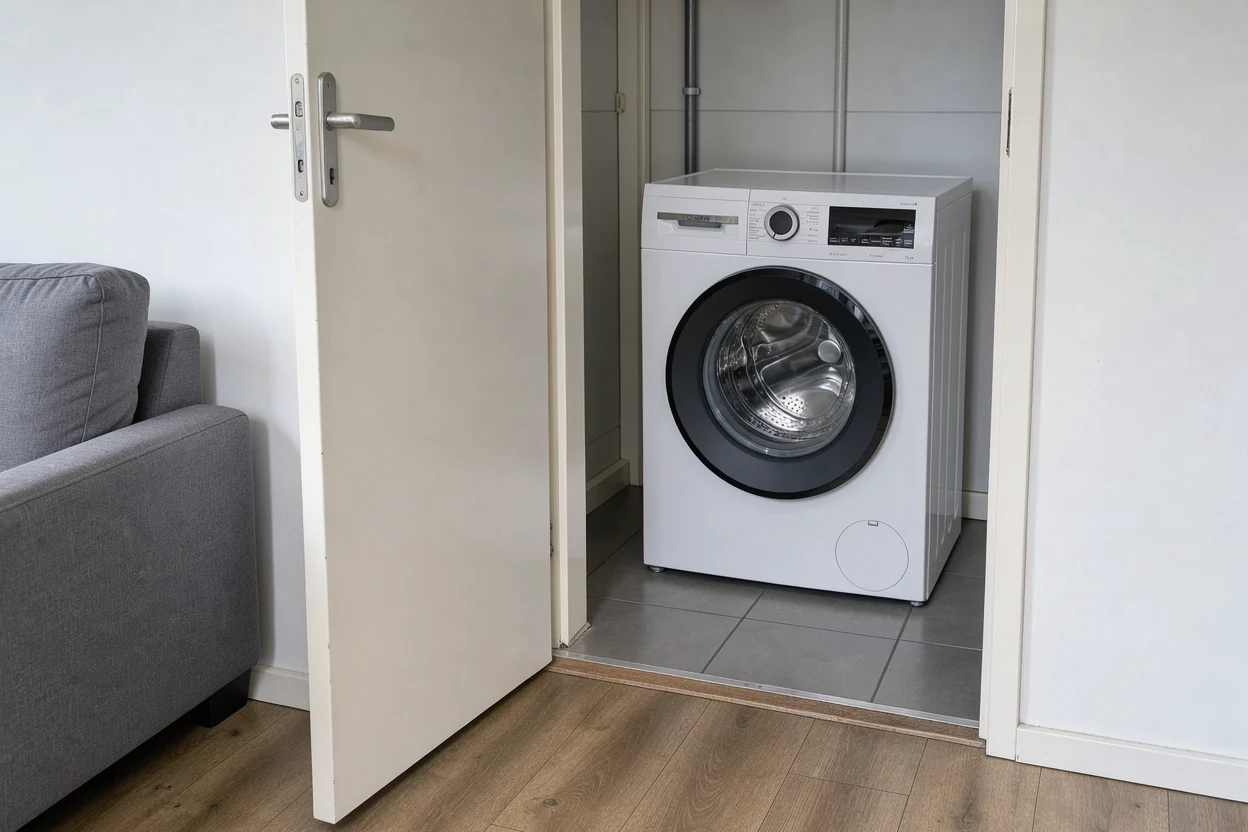 Vanuit de woonkamer is door een open binnendeur een wasmachine in de aparte wasruimte te zien.