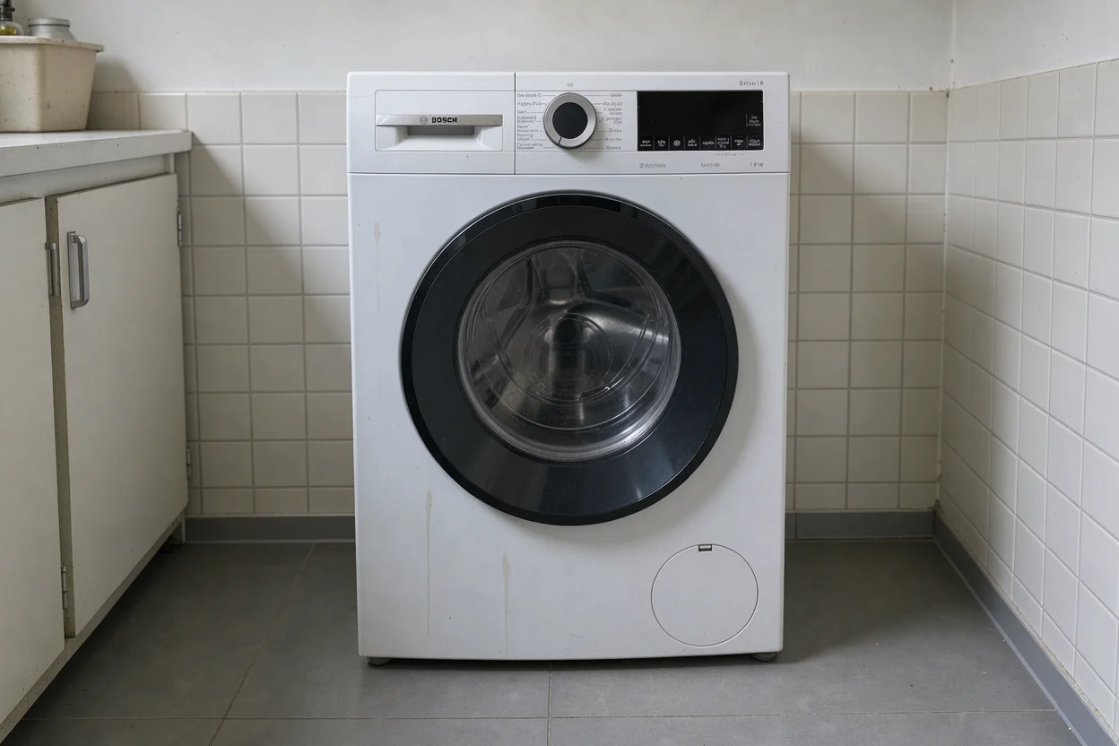 Een intacte witte wasmachine staat in een gewone wasruimte.