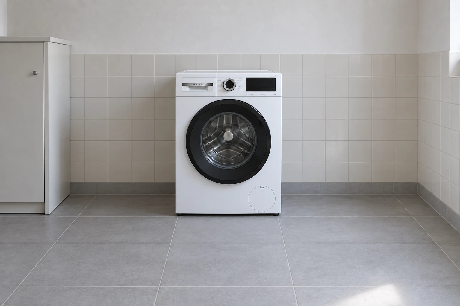 Een intacte witte wasmachine staat in een gewone wasruimte.