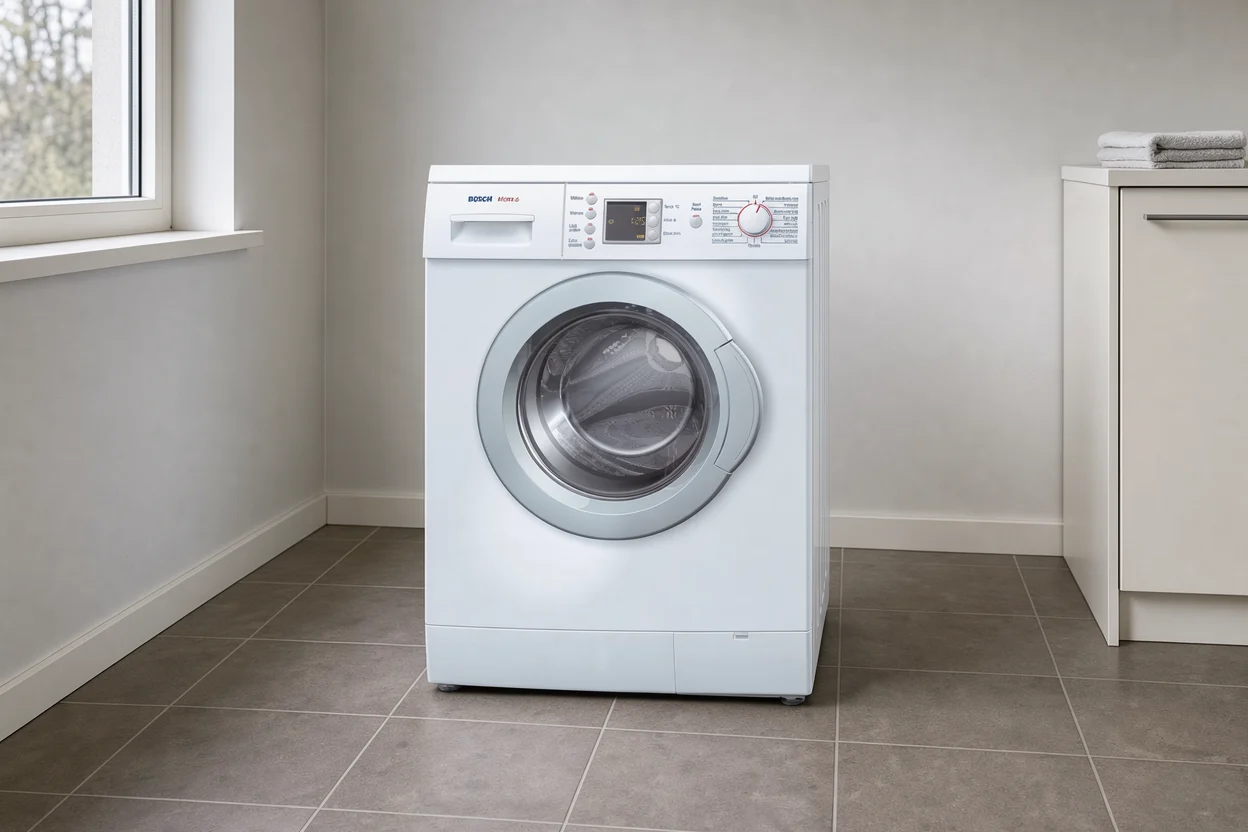 Witte Bosch-wasmachine vrijstaand in een verzorgde bijkeuken met tegelvloer.