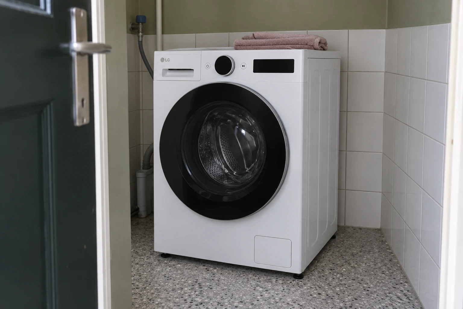 Een LG-wasmachine staat vrij in een betegelde wasnis bij een open deur