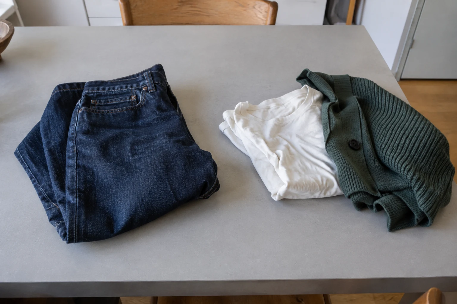 Een spijkerbroek ligt apart van een zacht shirt en een fijn gebreid vest op een tafel