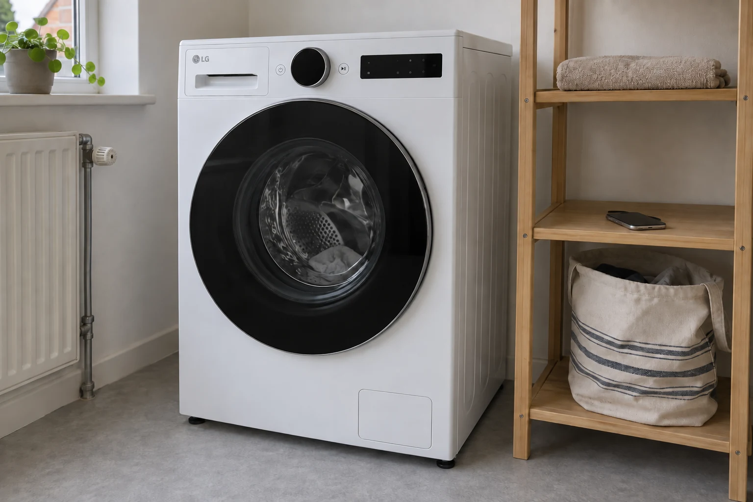 Een telefoon ligt op een houten plank naast een LG-wasmachine in de wasruimte