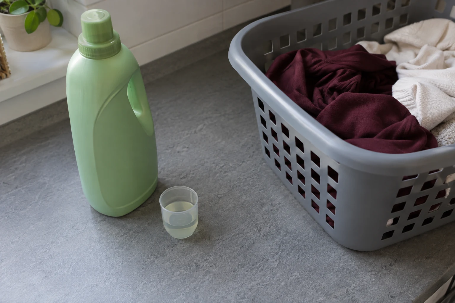 Een maatdop met vloeibaar wasmiddel staat naast een wasmand met katoenen kleding