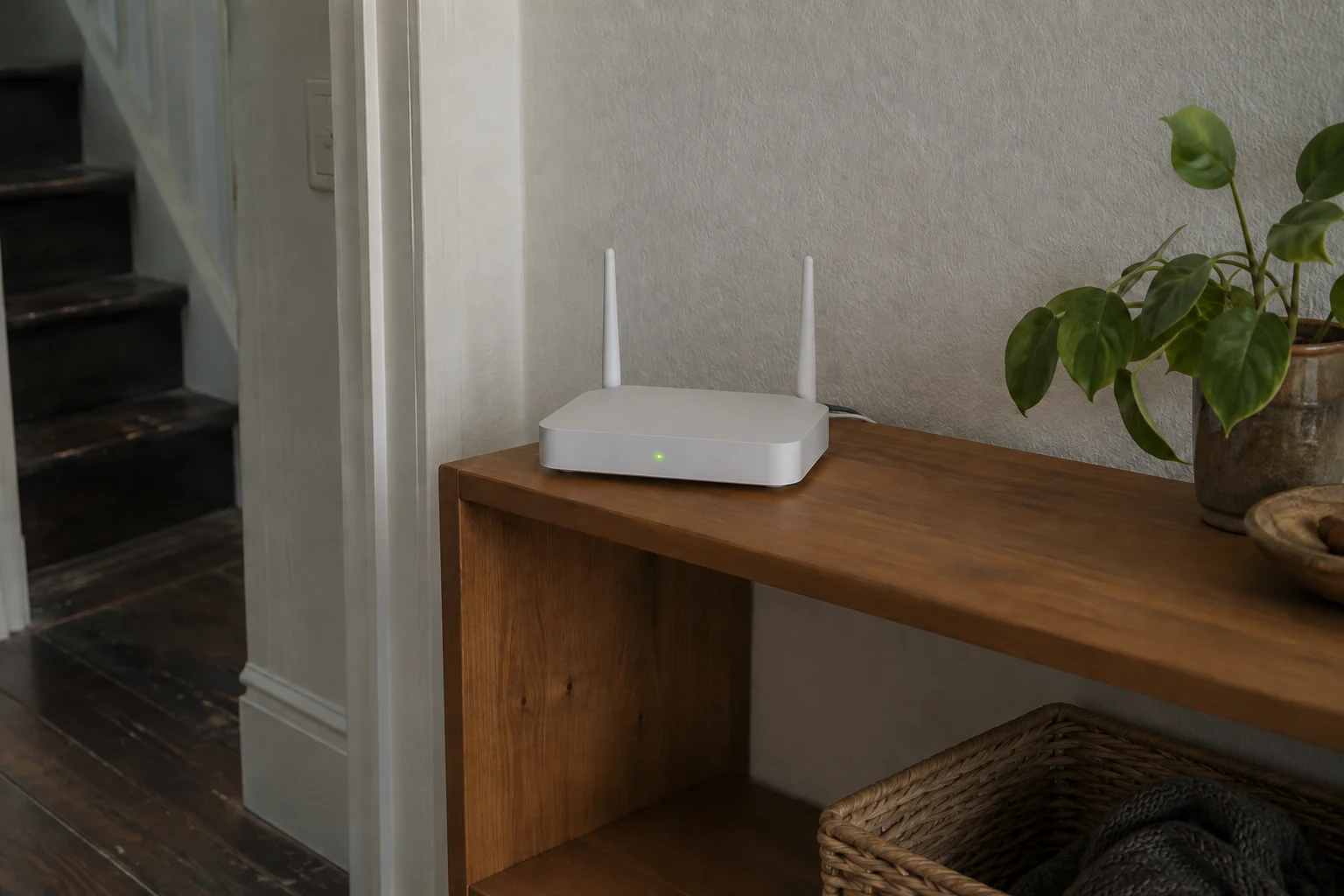 Een eenvoudige wifirouter staat vrij op een houten plank met aangesloten kabels
