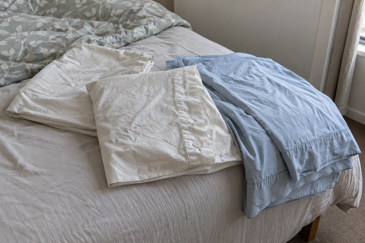Twee katoenen kussenslopen en een lichtblauw laken liggen los op een bed