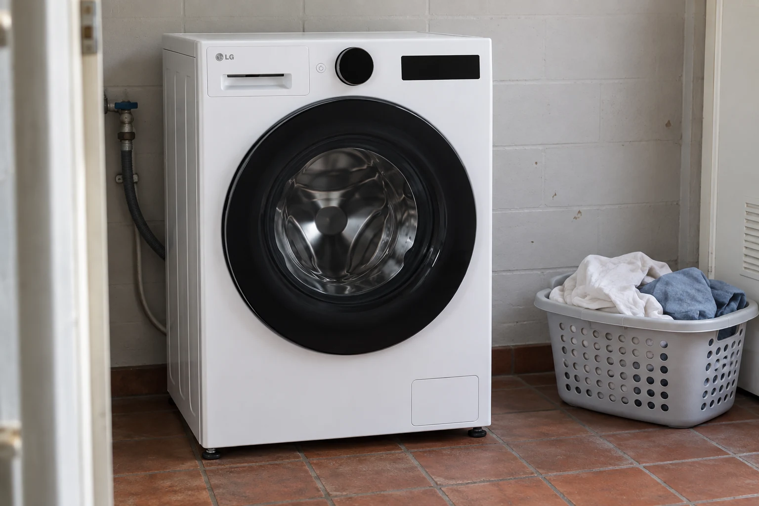 Een LG-wasmachine met katoenen beddengoed in een lage wasmand in een eenvoudige wasruimte