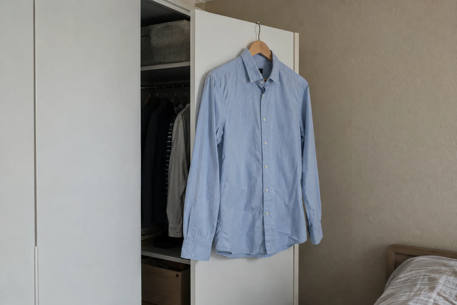 Een licht gekreukt katoenen overhemd hangt aan een hanger bij een open kastdeur