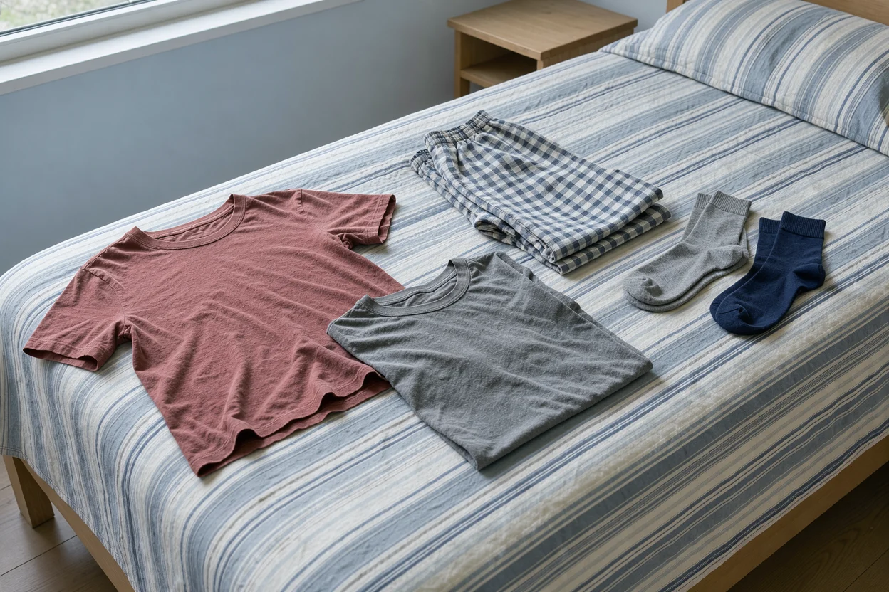 Enkele katoenen shirts, een pyjamabroek en sokken liggen klaar op een bed