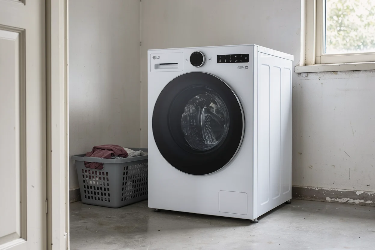 Een witte LG-wasmachine met een kleine wasmand in een eenvoudige wasruimte