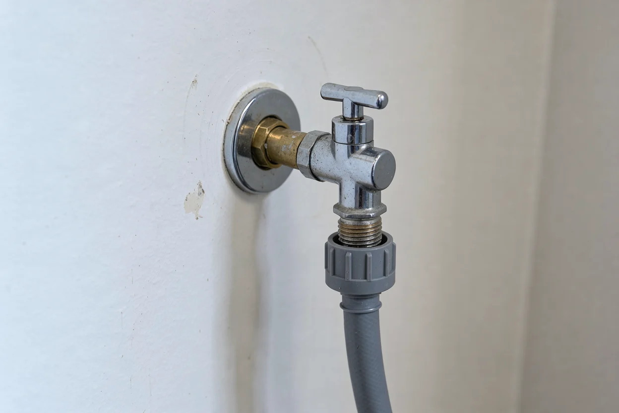 Een metalen waterkraan met een stevig aangesloten toevoerslang van een wasmachine