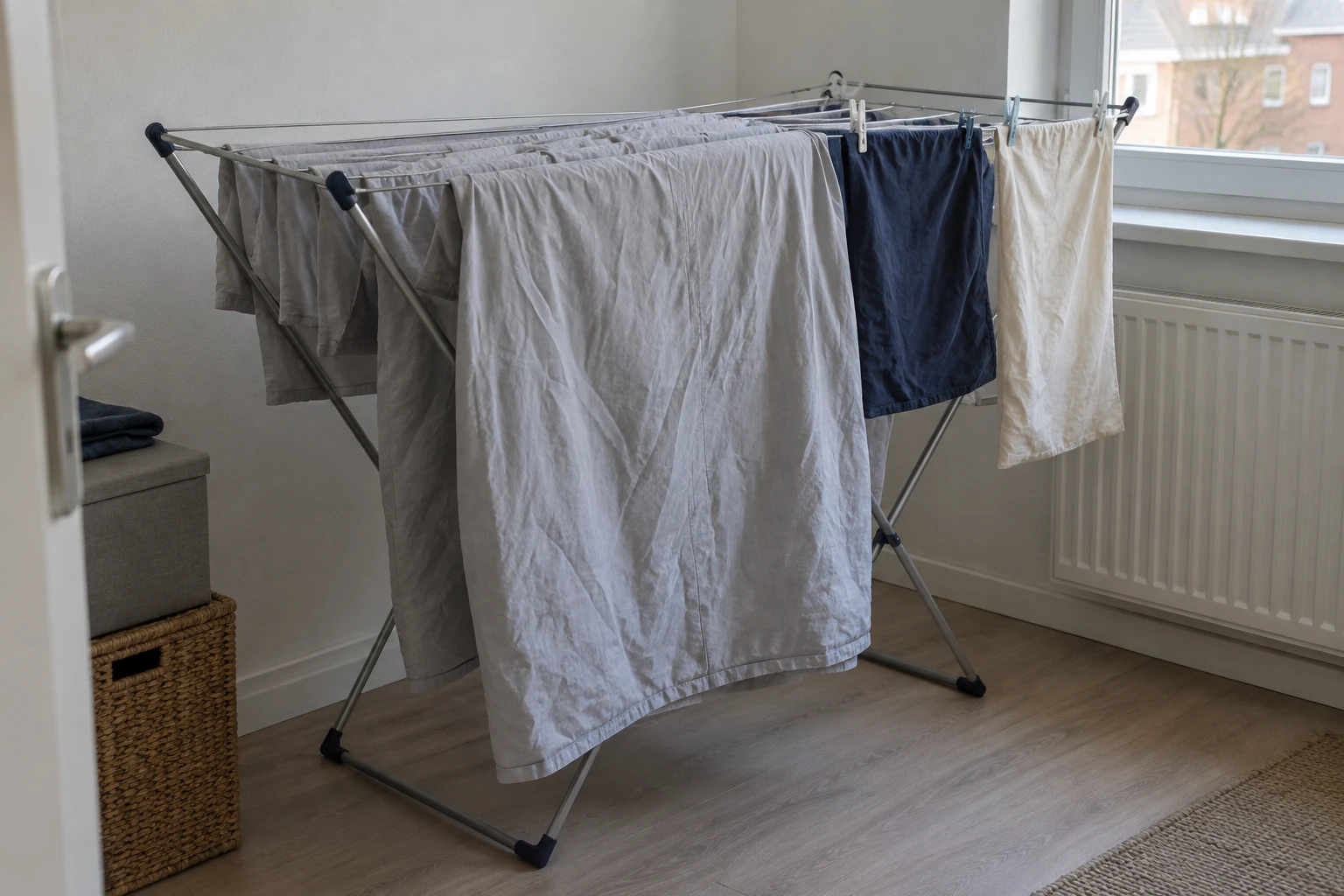 Een katoenen dekbedovertrek en kussenslopen hangen over een eenvoudig droogrek