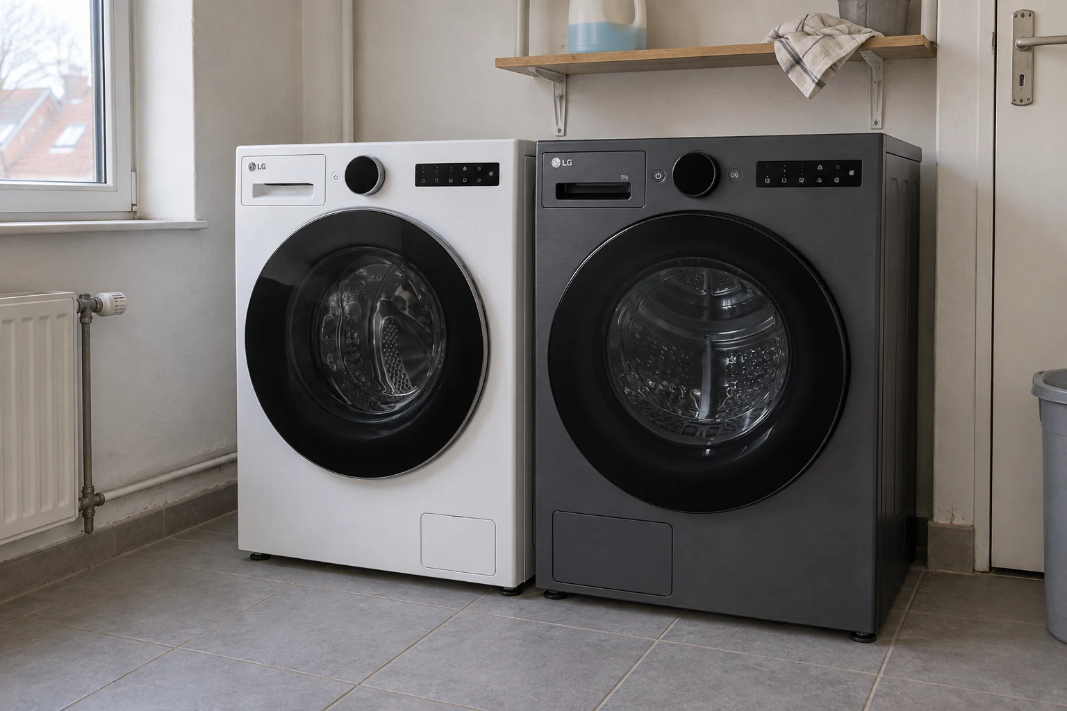 Een witte LG-wasmachine en een donkergrijze LG-droger naast elkaar in een wasruimte