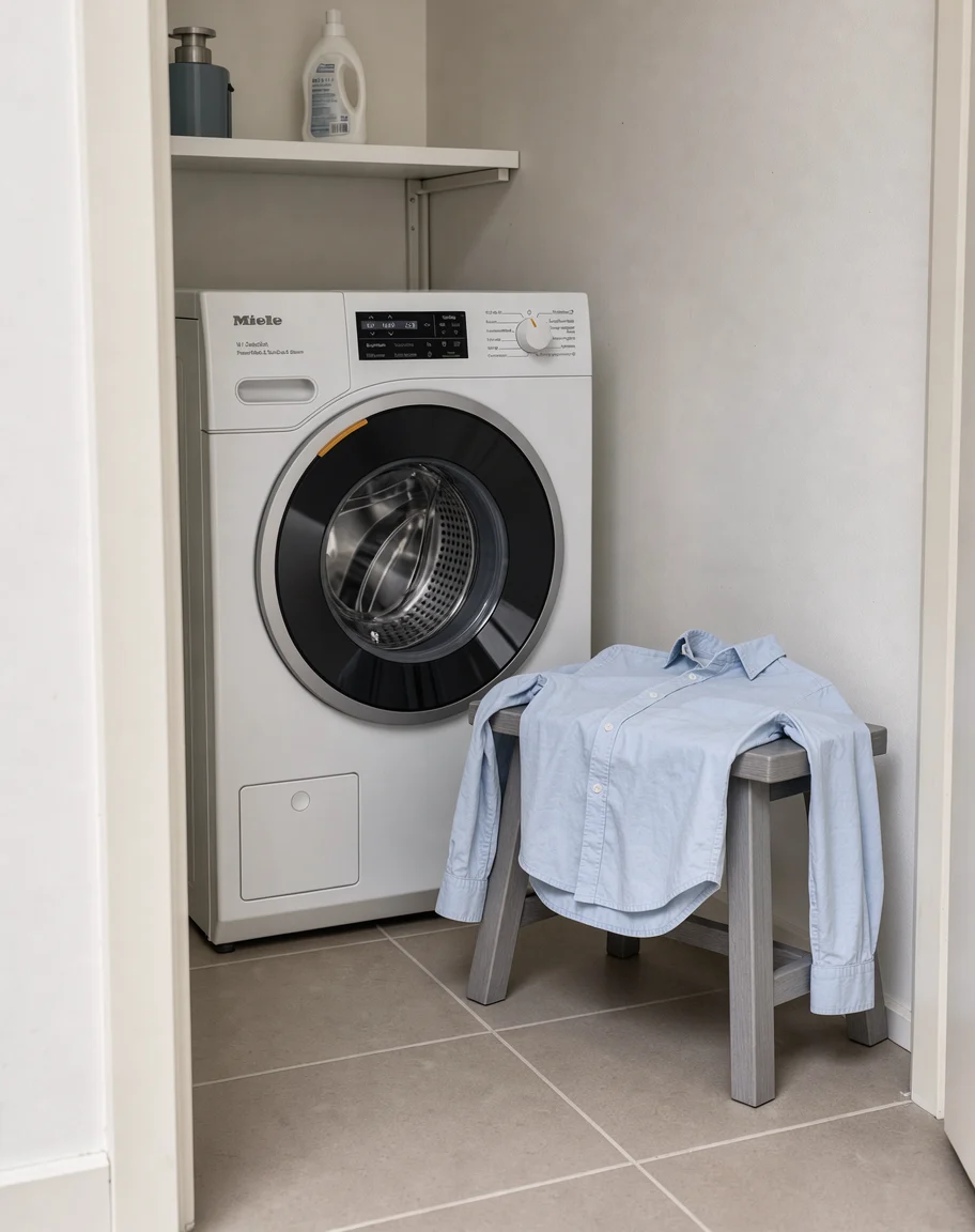 Een los overhemd ligt op een kruk naast een Miele-wasmachine