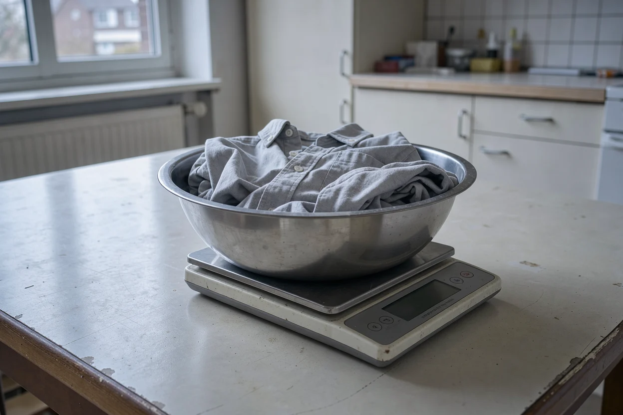 Een katoenen overhemd ligt in een kom op een keukenweegschaal
