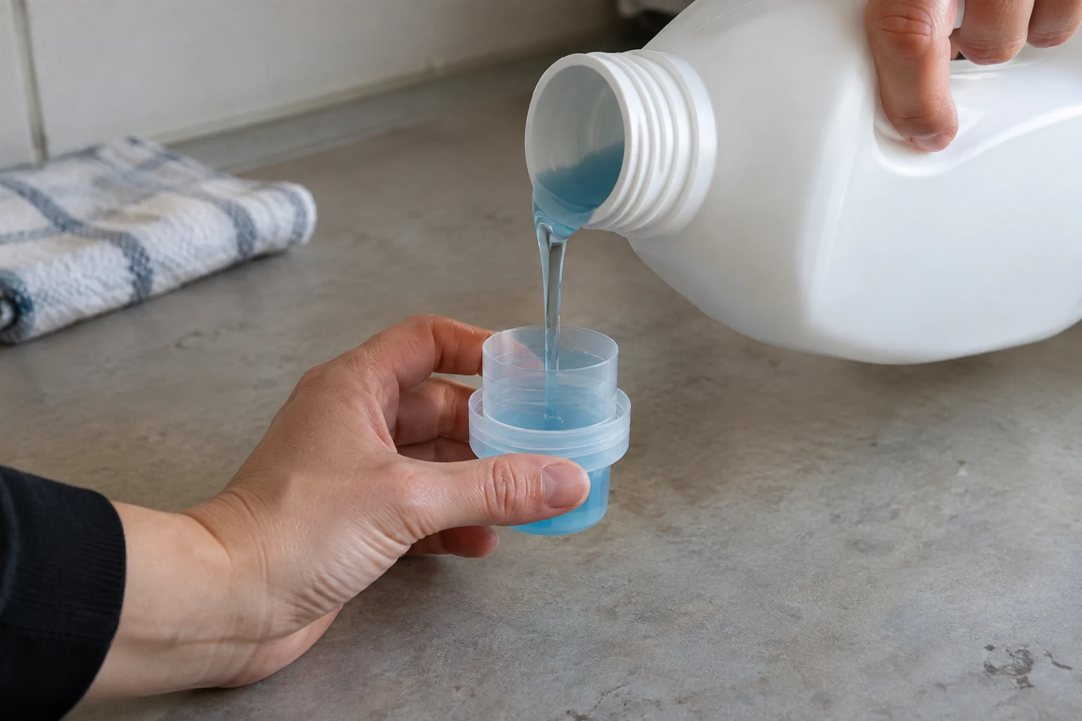 Vloeibaar wasmiddel wordt uit een fles in een doseerdop geschonken