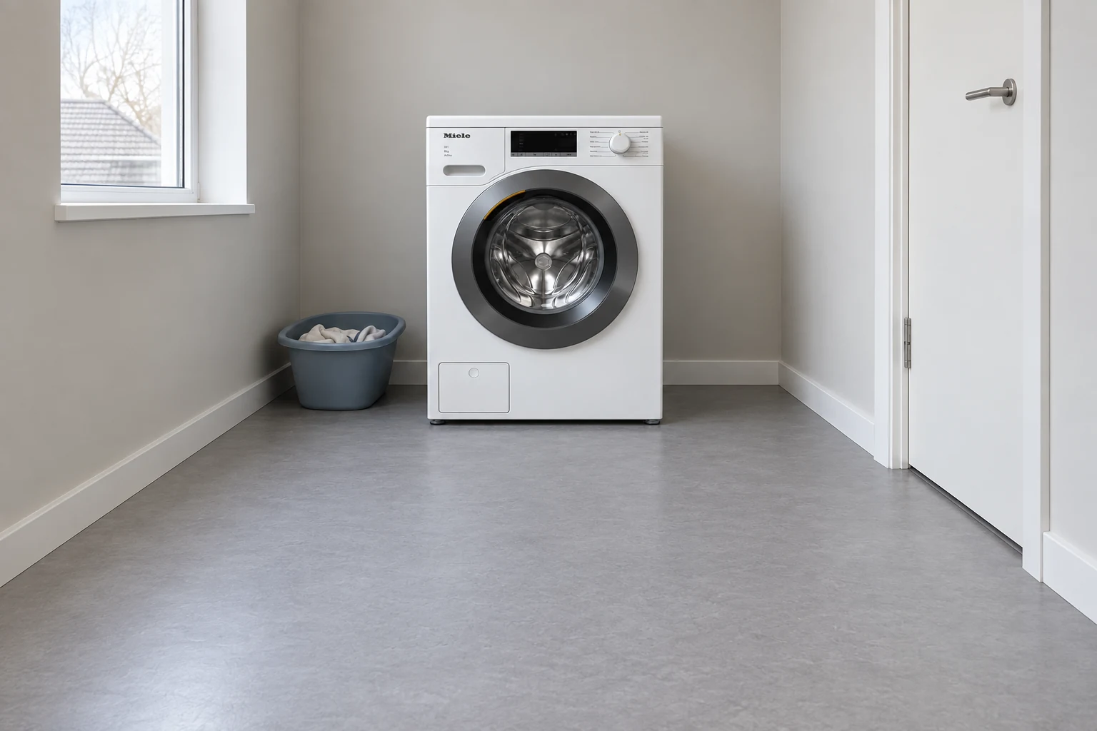 Witte Miele wasmachine in een smalle washoek naast een wasmand.
