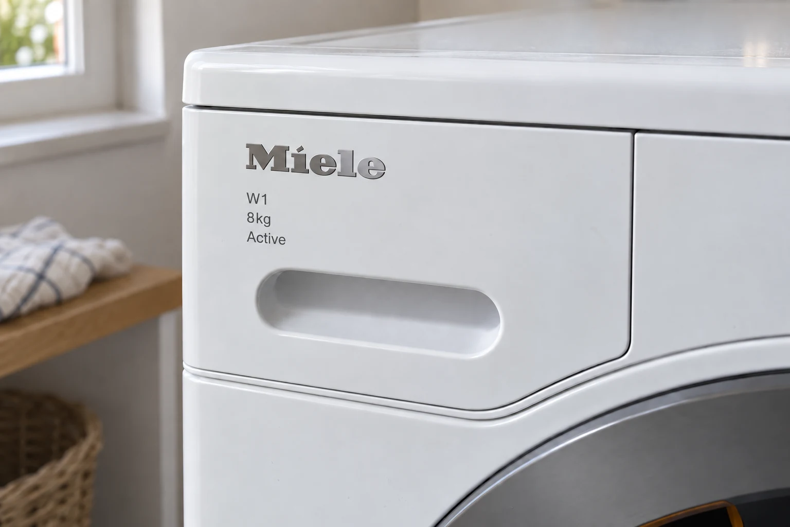 Detail van de ladegreep en het witte front van de Miele wasmachine.