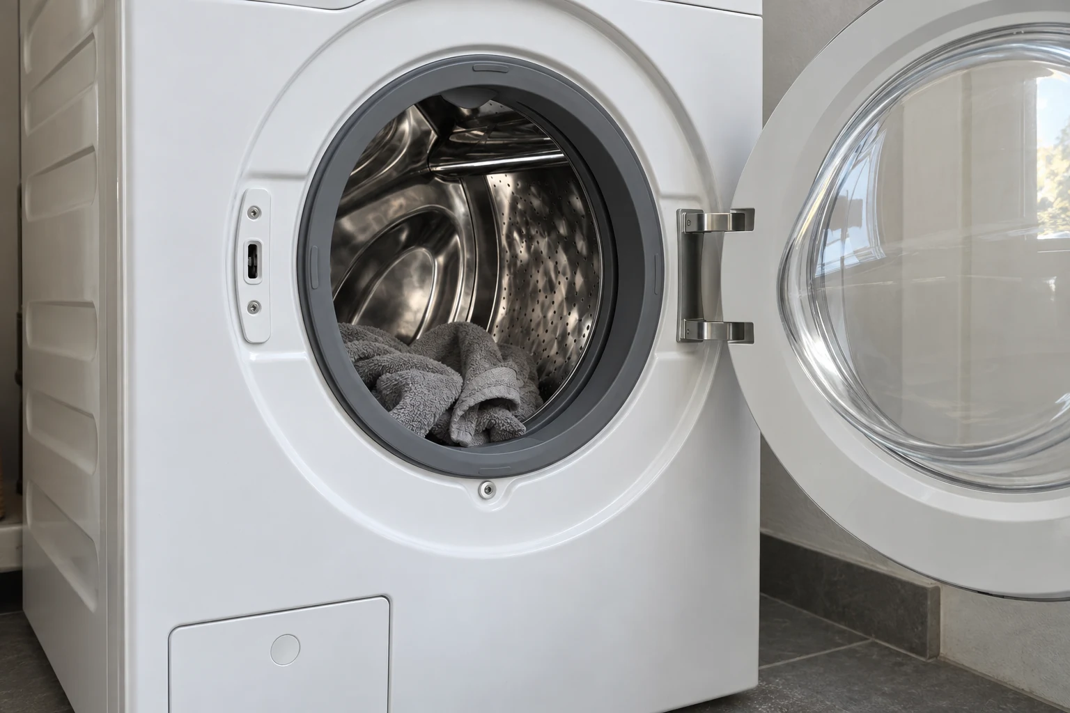 Een geopende Miele wasmachinedeur met enkele handdoeken onderin de trommel.