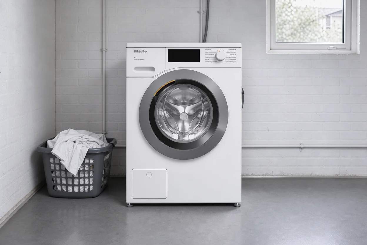Miele wasmachine in een eenvoudige wasruimte met een hoog raam.