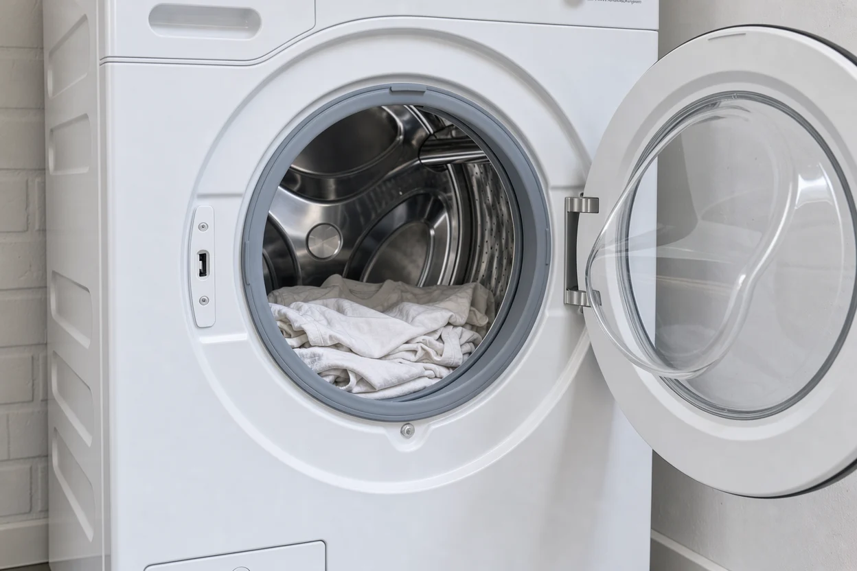 Een kleine lading kleding in de open trommel van de Miele wasmachine.