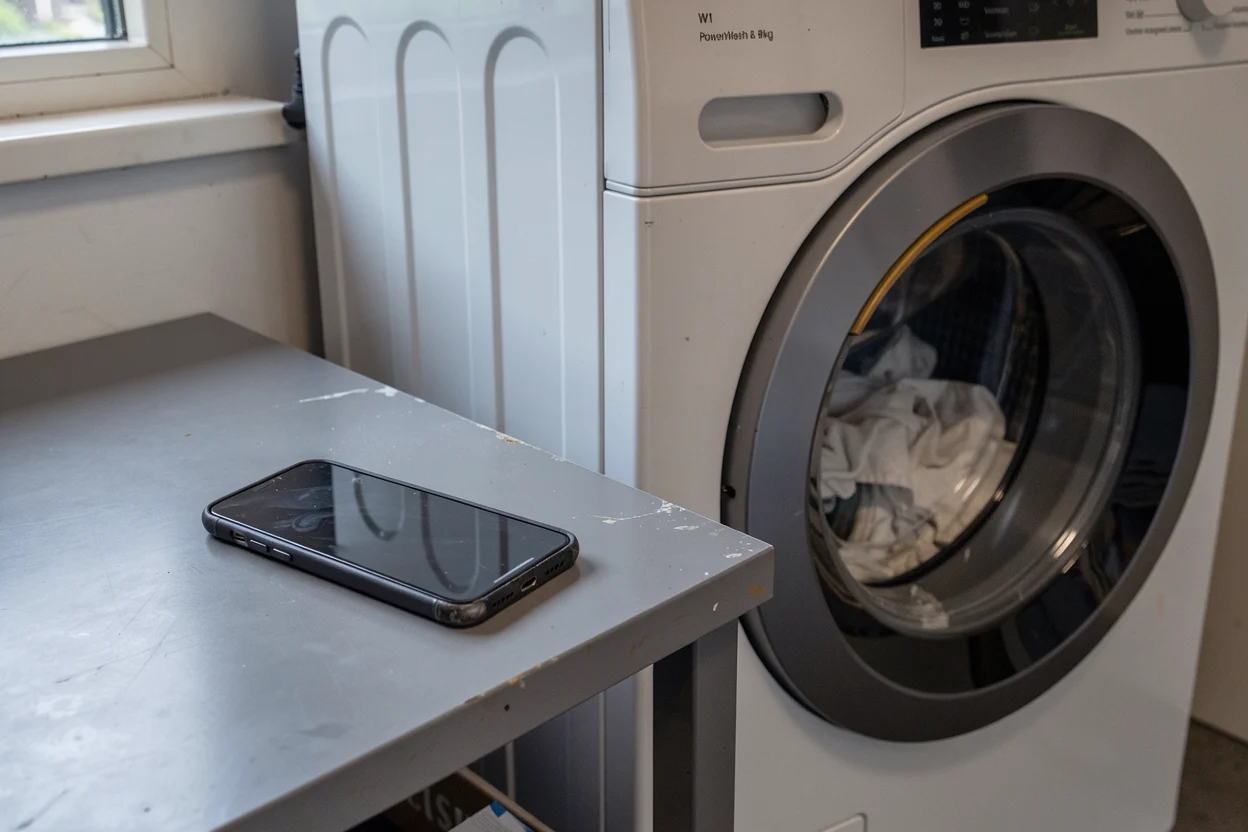 Een smartphone met donker scherm op een werkblad naast de Miele wasmachine.