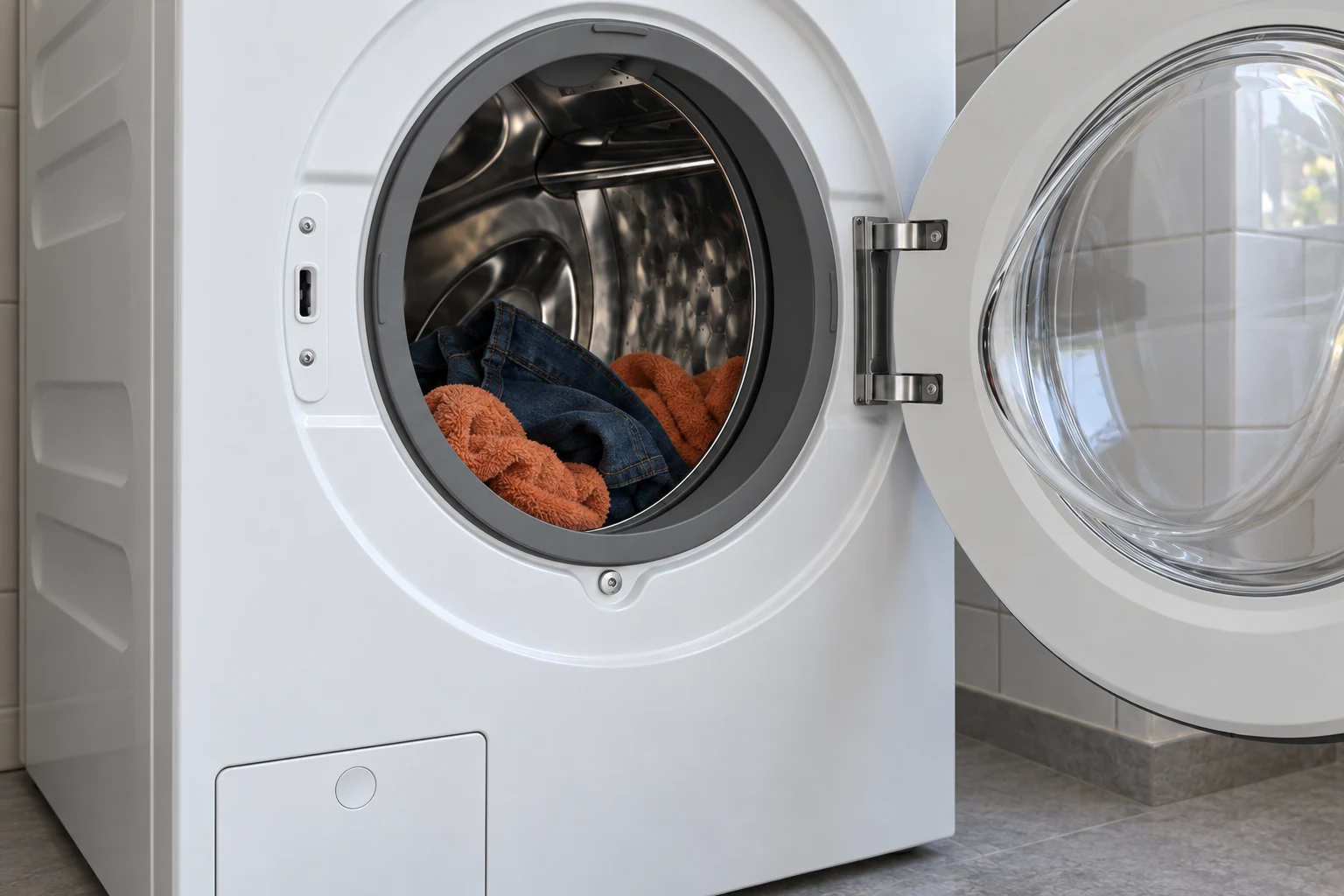 Open trommel van de Miele WEC 388 met een spijkerbroek en twee handdoeken.