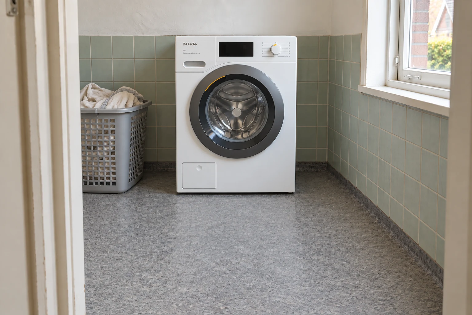Miele WED 388 in een eenvoudige bijkeuken met een mand beddengoed ernaast.