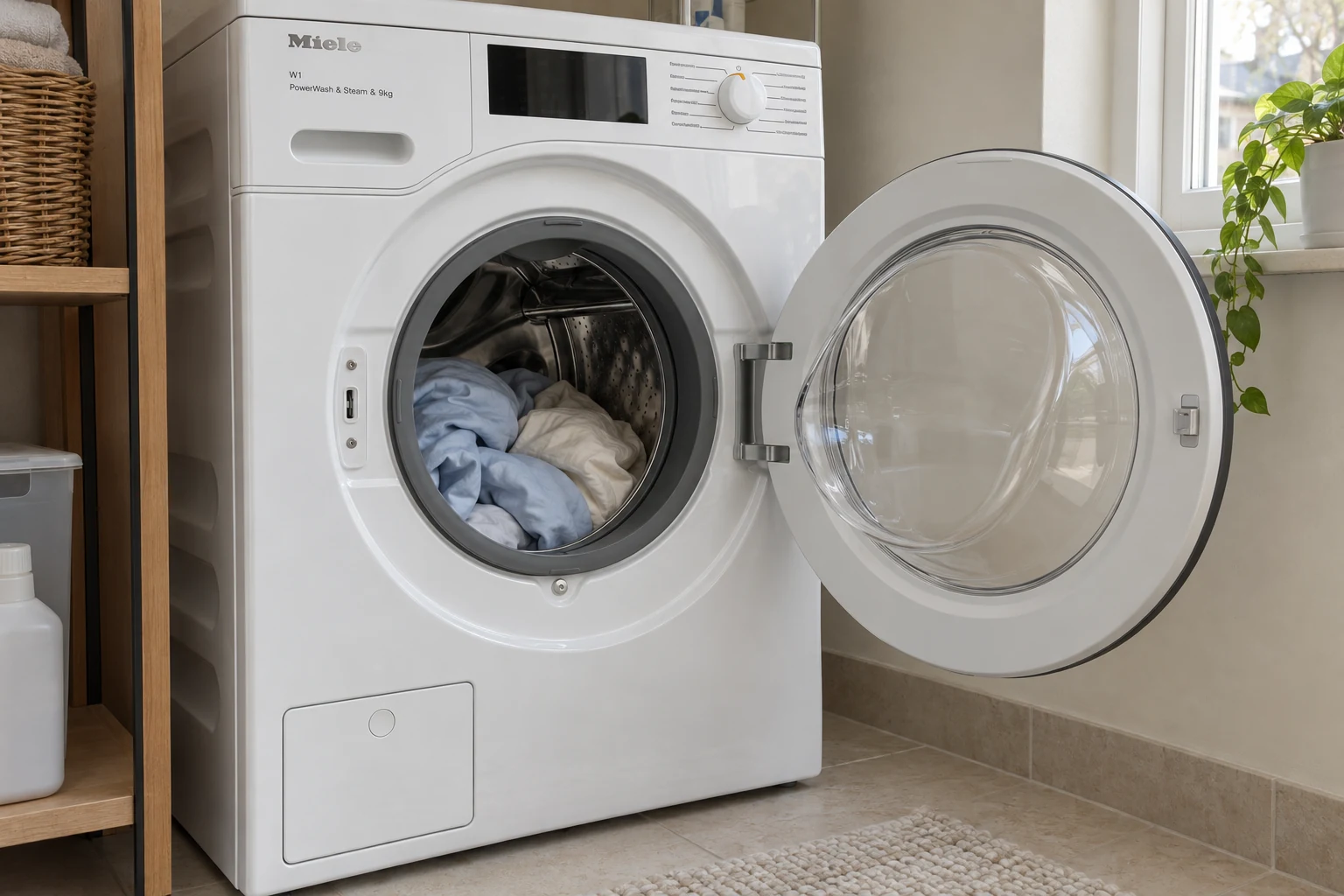 Geopende Miele WED 388 met los katoenen beddengoed onderin de trommel.