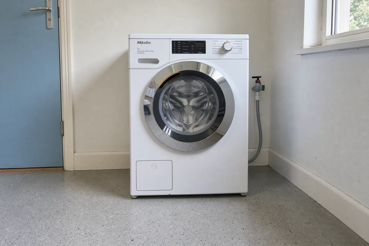 Miele WEE 388 in een eenvoudige washoek naast een binnendeur