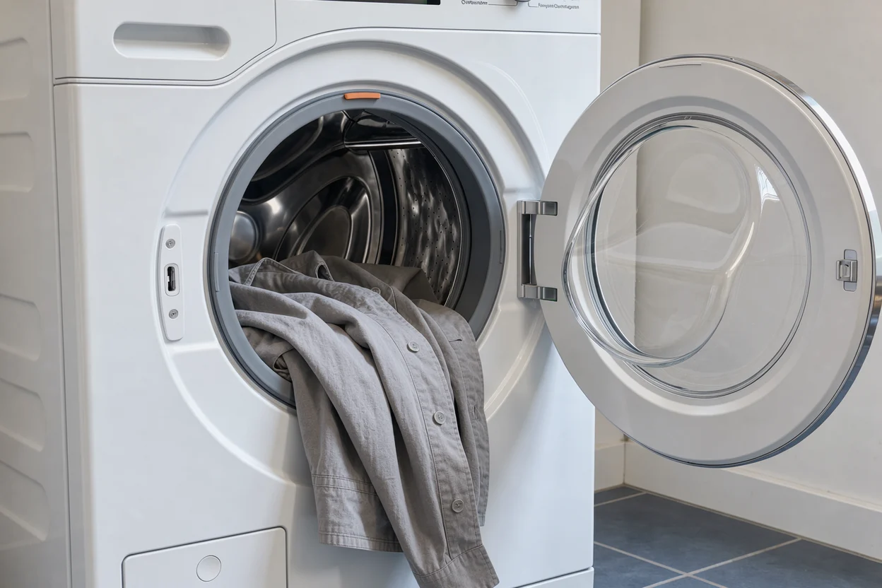 Een katoenen jasje in de geopende trommel van de Miele WEE 388