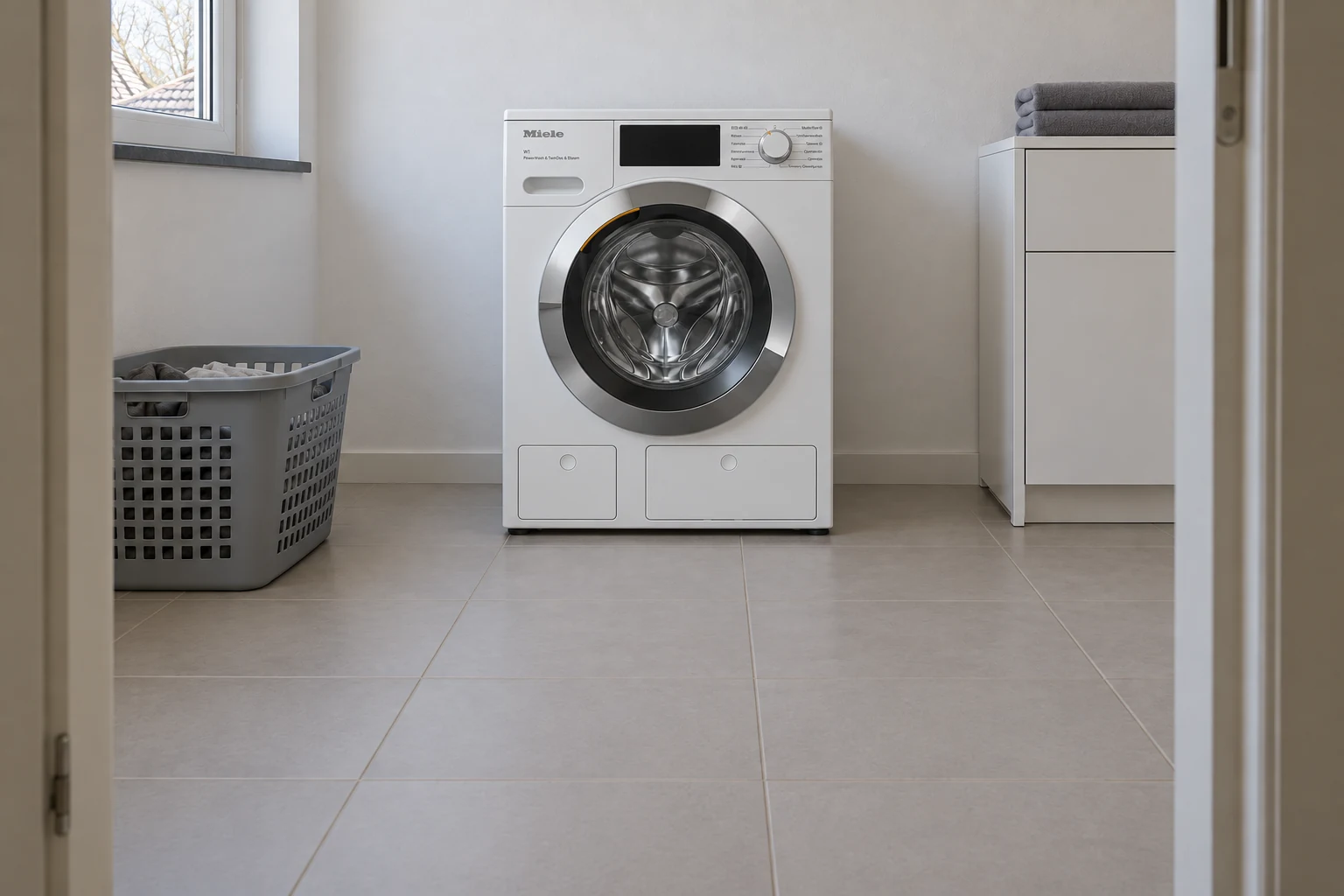 Witte Miele WEG 888 met chromen deur in een bijkeuken
