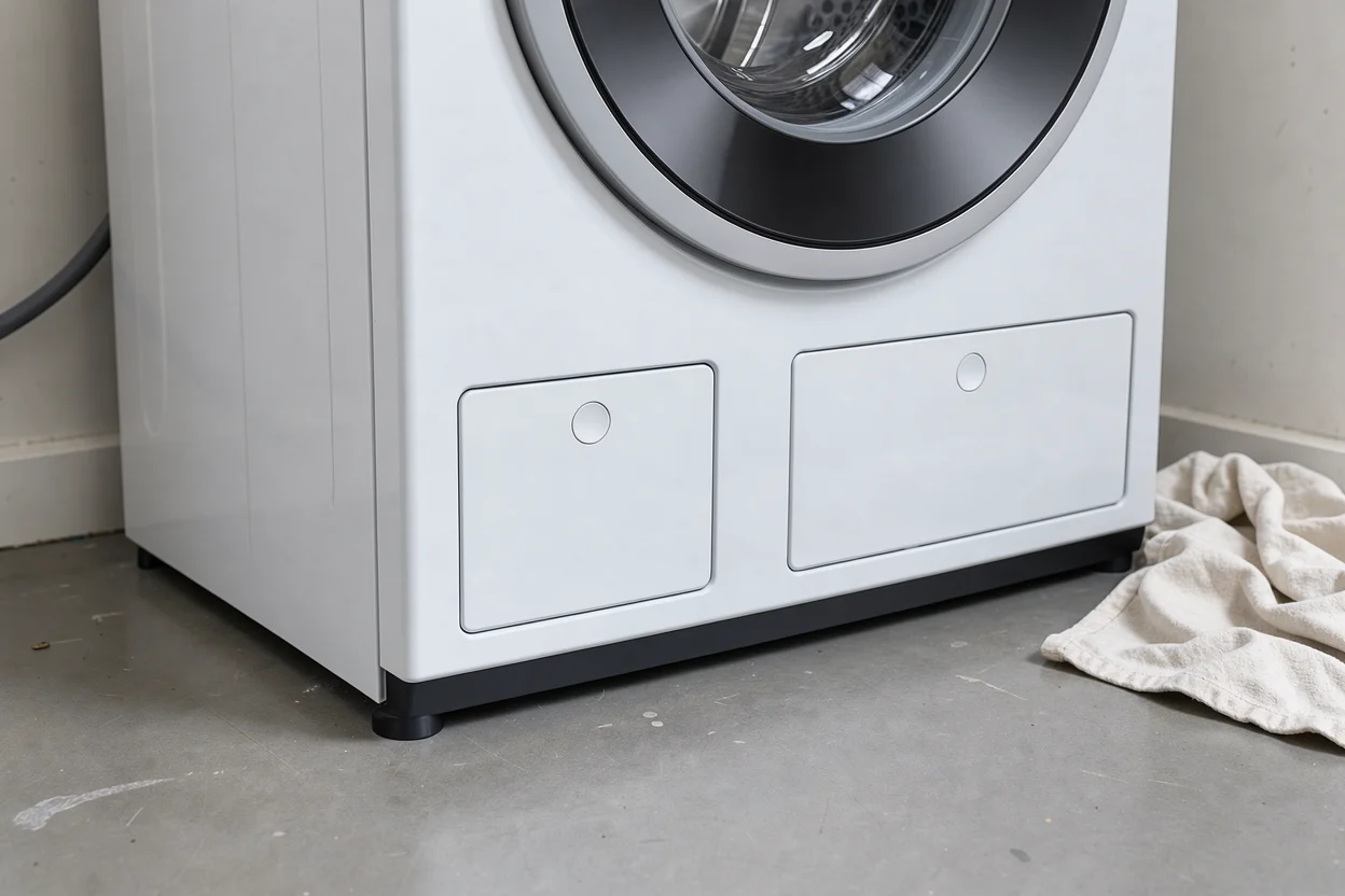 De brede TwinDos-klep en kleinere serviceklep onderaan de Miele wasmachine, beide gesloten.