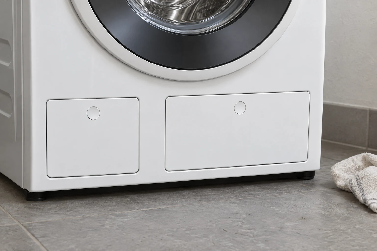 De brede TwinDos-klep en kleinere serviceklep onderaan de Miele wasmachine, beide gesloten.
