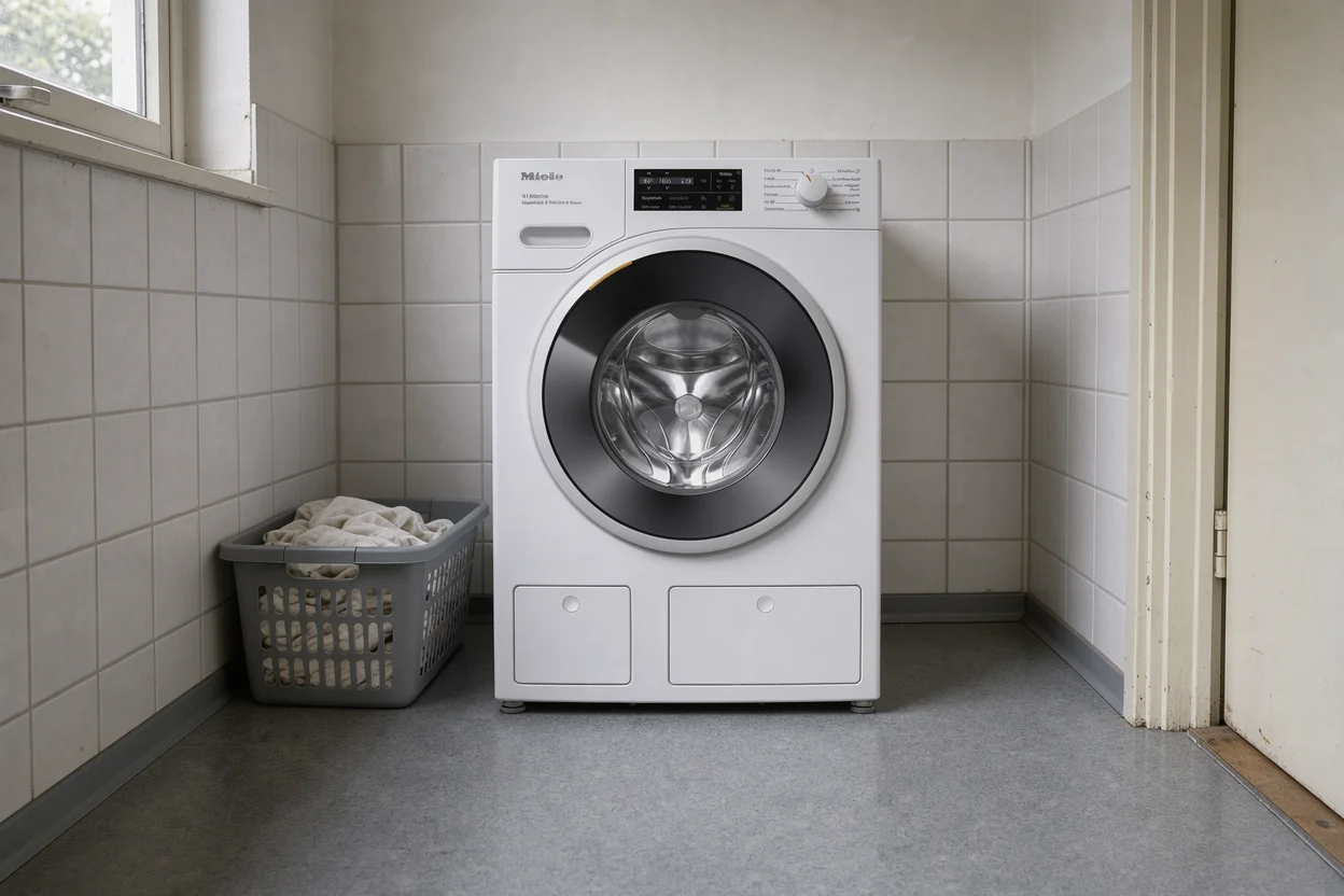 Miele wasmachine in een betegelde wasruimte met een mand naast de machine.