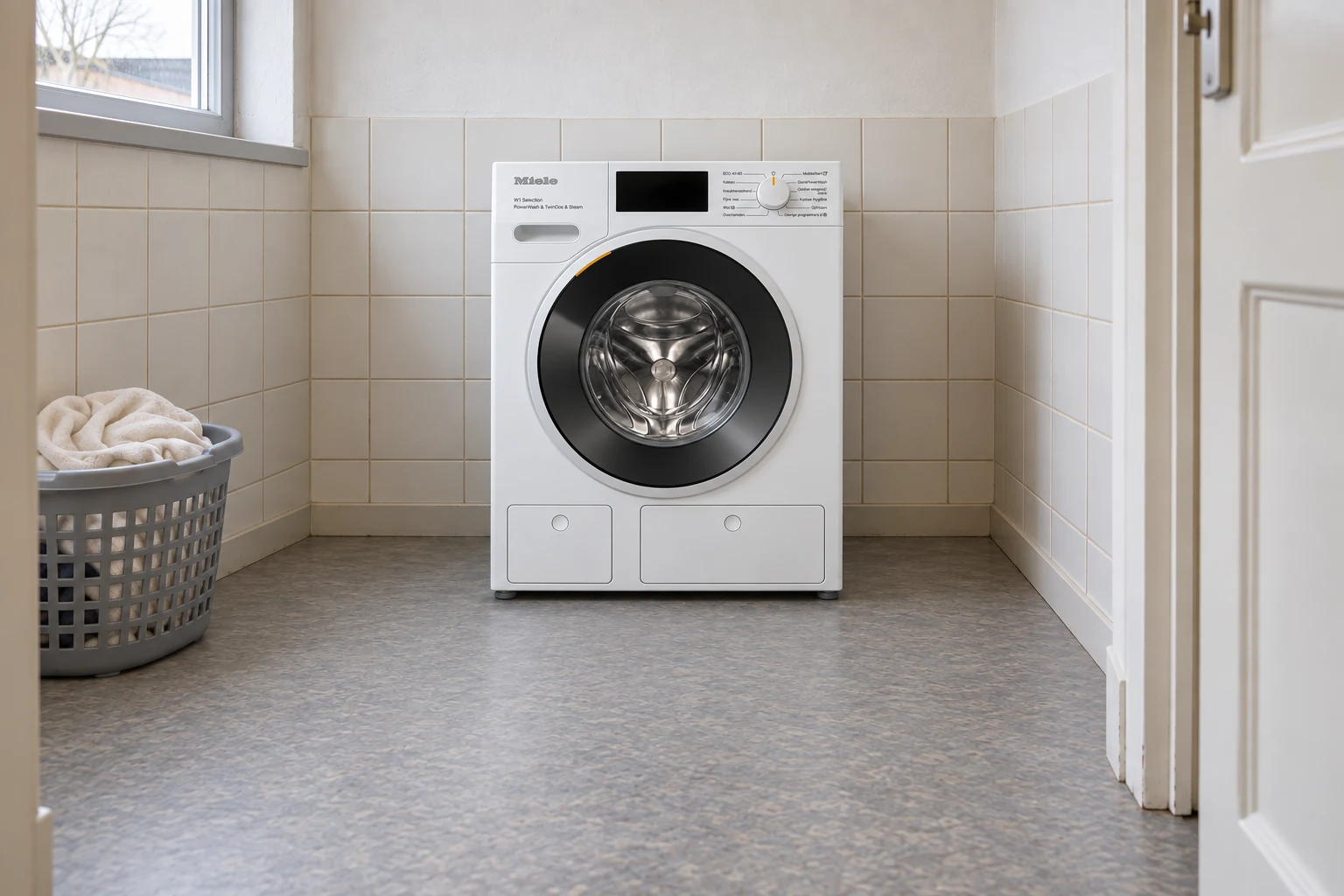 Miele wasmachine in een betegelde wasruimte met een mand naast de machine.