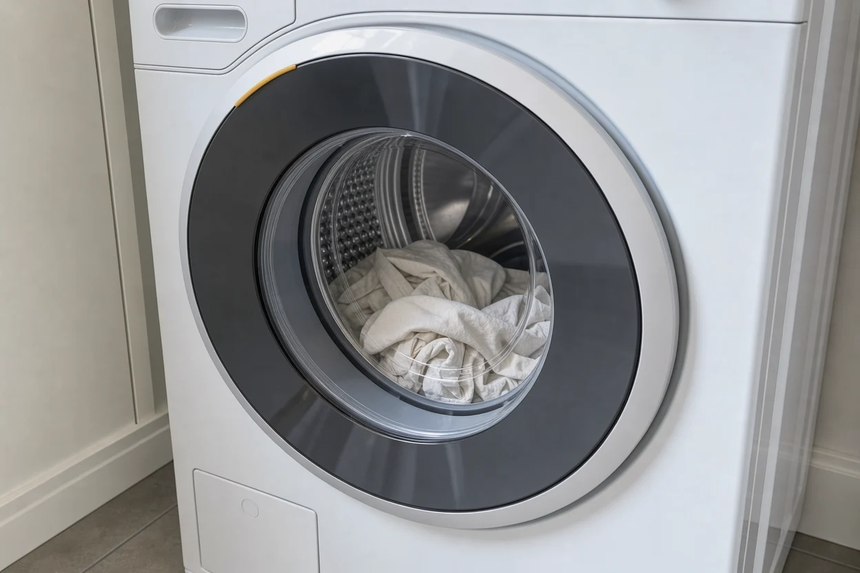 Een kleine lading overhemden achter de gesloten glazen deur van de Miele wasmachine.