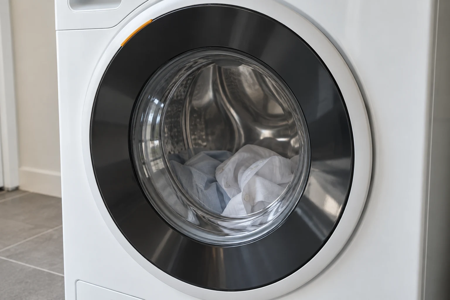 Een kleine lading overhemden achter de gesloten glazen deur van de Miele wasmachine.