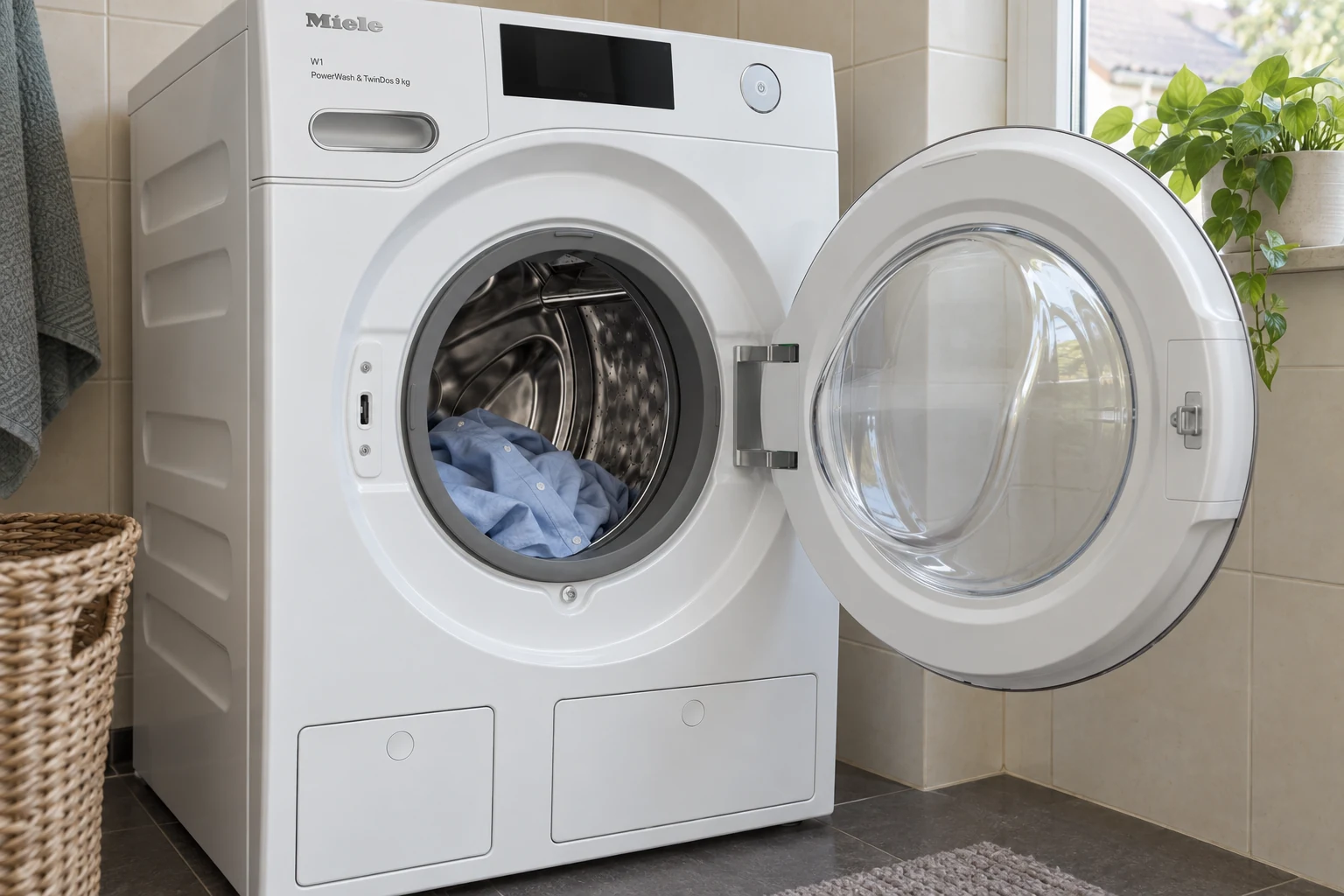 Open deur van de Miele WWR 760 met één katoenen overhemd in de trommel.