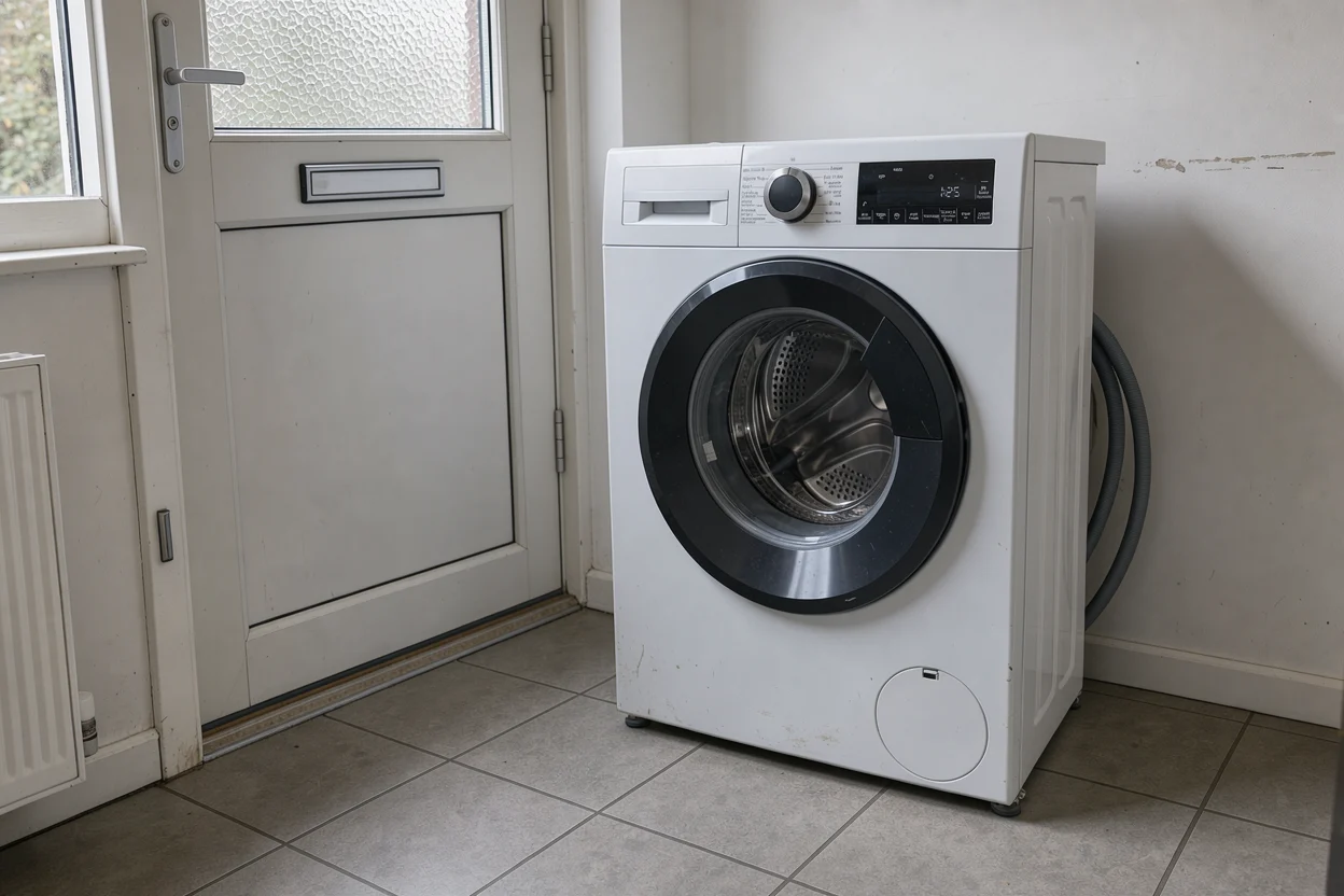 Gebruikte witte wasmachine staat rechtop binnenshuis naast de voordeur.