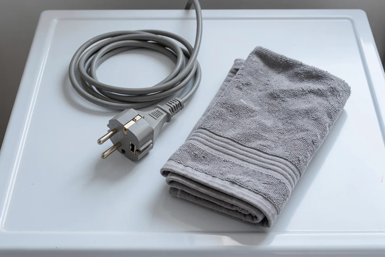 Losse geaarde stekker met opgerold snoer en een gevouwen handdoek op een uitgeschakelde wasmachine.
