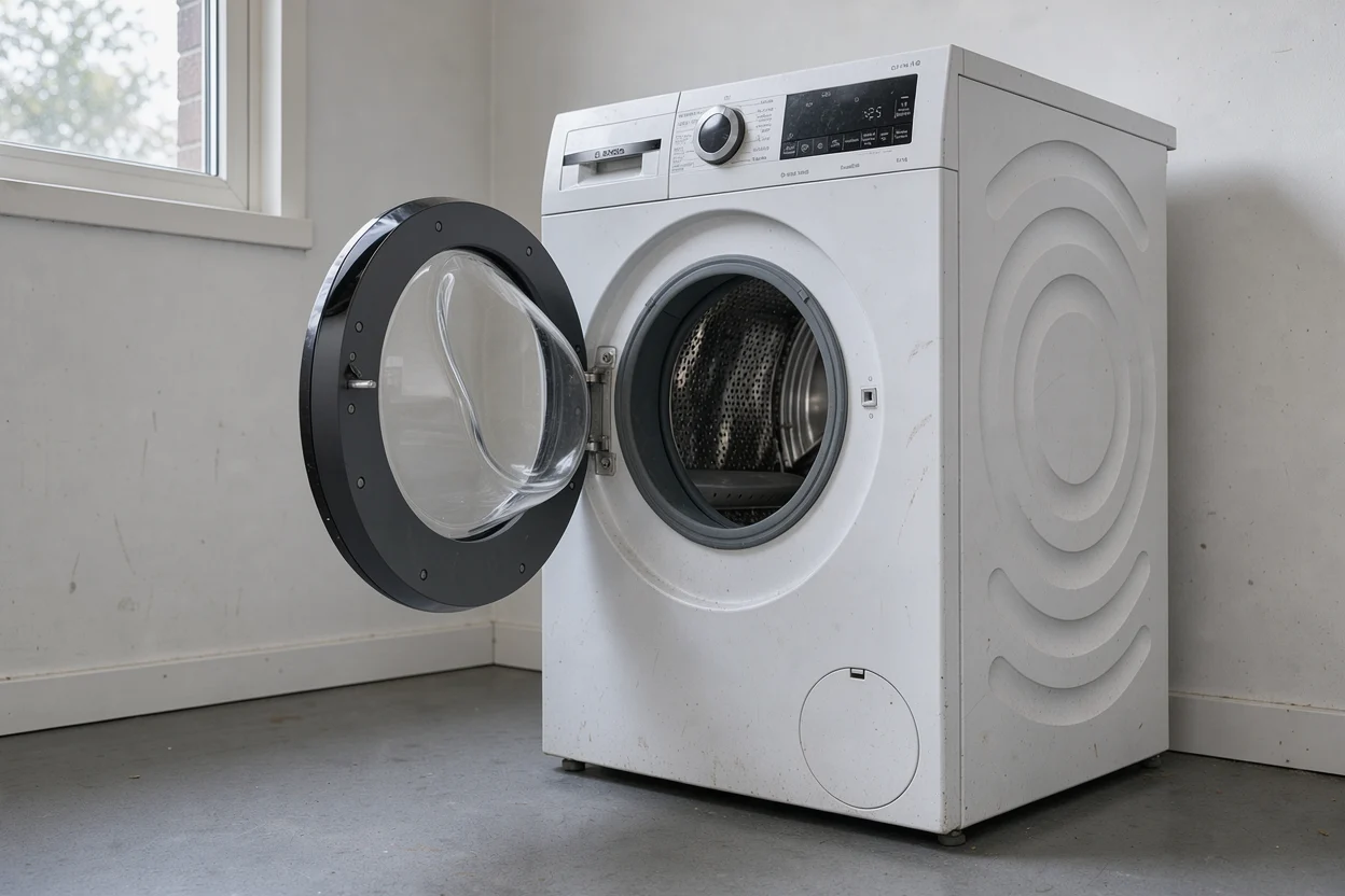 Open deur van een nette gebruikte wasmachine met de schone rubbermanchet en lege trommel zichtbaar.