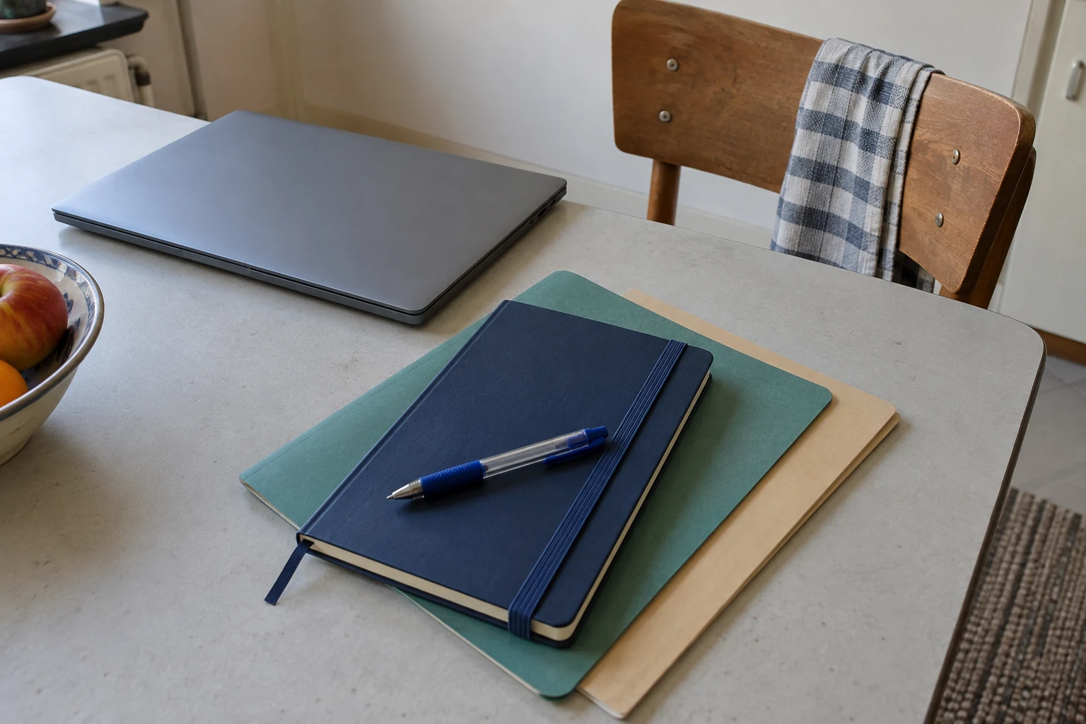 Notitieboek, pen, papieren mappen en gesloten laptop op een gewone keukentafel.