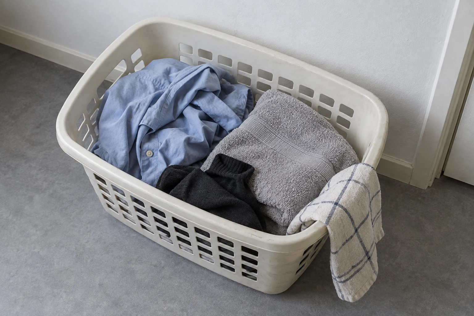 Wasmand met een lichtblauw overhemd, grijze handdoek, donkere sokken en een theedoek.
