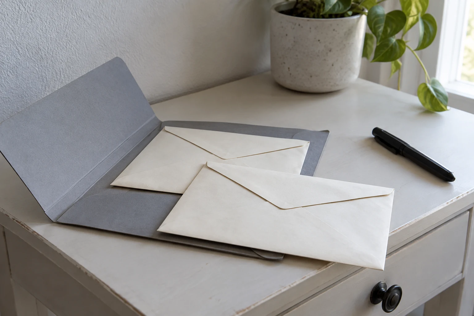 Twee onbeschreven gesloten enveloppen met een grijze map en zwarte pen.