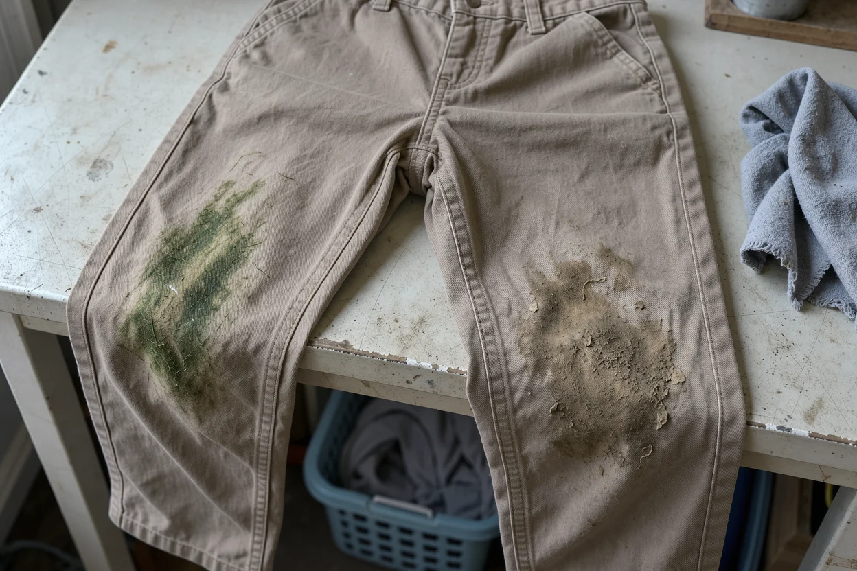Een broek met gras- en moddervlekken op de knieën