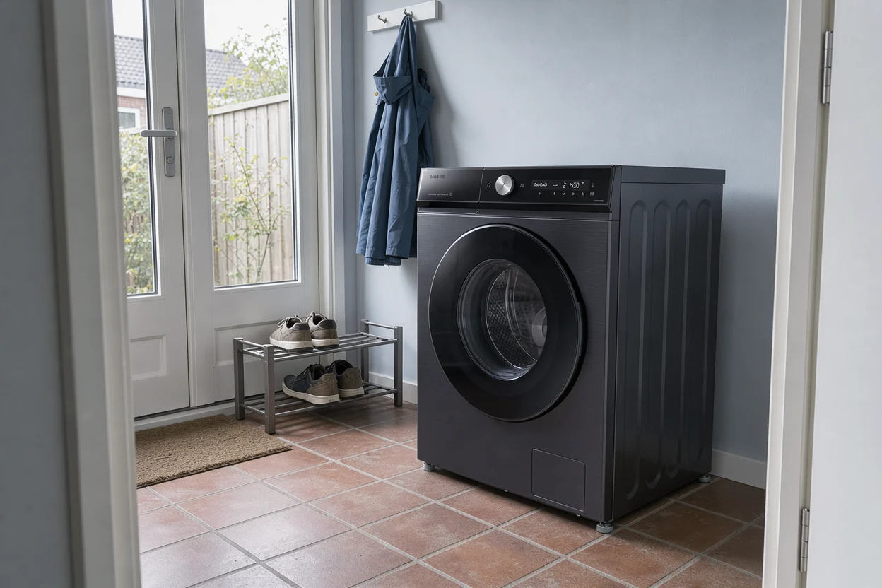 Donkere Samsung QuickDrive-wasmachine in een bijkeuken bij de achterdeur